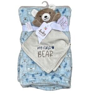 Baby Starters My First Bear Blanket Blue Gray Teddy Bear Face Print Lovey Set